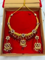 Royal Rajputi Pink Floral Chand Kundan Hasli Necklace Set