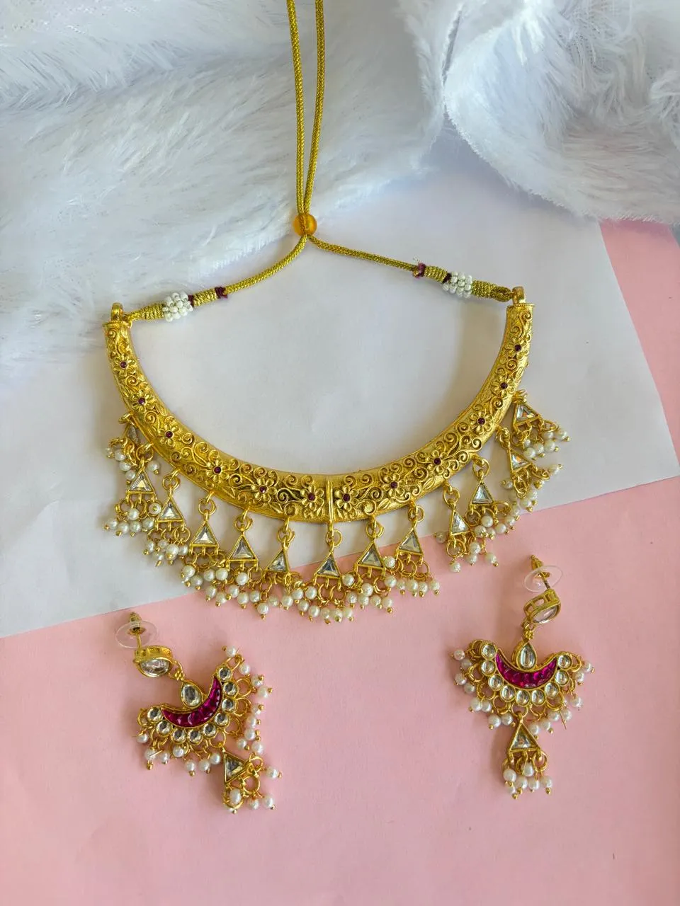 JB08.1 Rajputi Kundan Look Pink Hasli Set with Earrings - Image 1