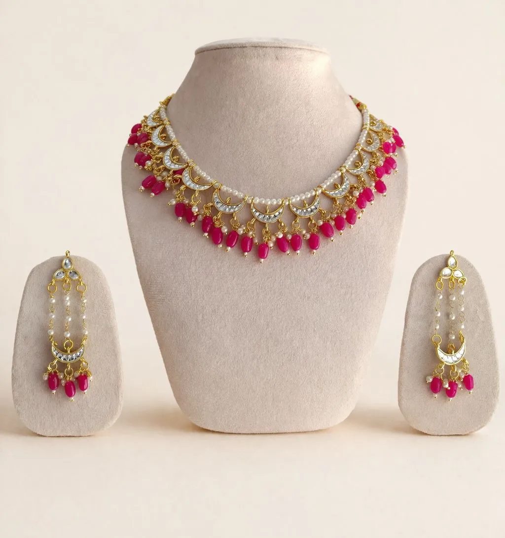 JB16.1 Viral Pink Chand Necklace Set with Earrings - Image 1