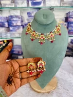 Royal Rajputi Pink White Kundan Beaded Jewellery Set - Image 2