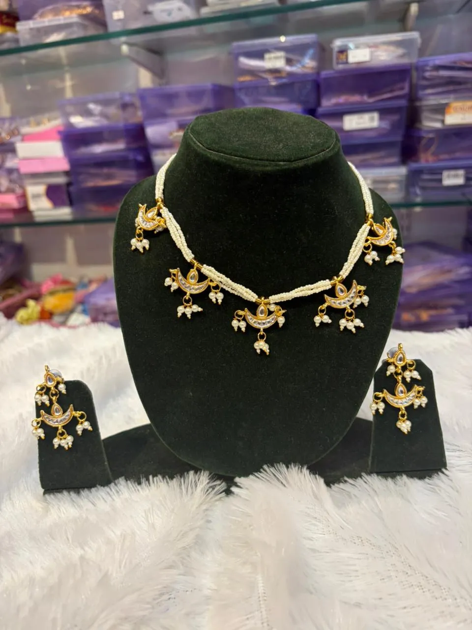 JB37.1 Gold & White Half Moon (Chand) Necklace Set with White Beads - Image 1