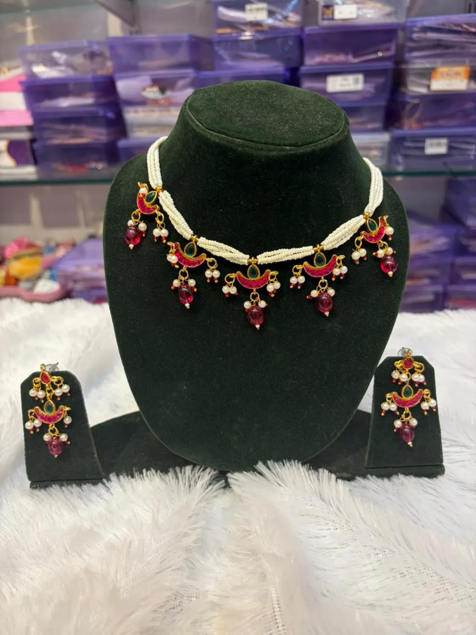 JB38.1 Gold & Pink Half Moon (Chand) Necklace Set with White Beads - Image 1