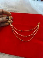 Gold-Plated Kundan Nath (Nose Ring) with Pearl Beads & Chain