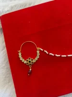 Gold-Plated AD Nath (Nose Ring) with Pearl Beads & Chain - Image 2