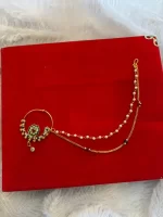Gold-Plated AD Nath (Nose Ring) with Pearl Beads & Chain - Image 3