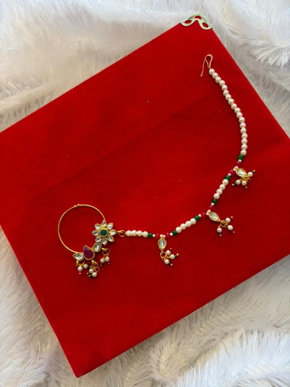 JB55.1 Gold-Plated Kundan Nath (Nose Ring) with Pearl Beads & Chain - Image 1