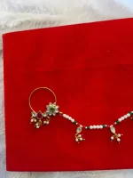 Gold-Plated Kundan Nath (Nose Ring) with Pearl Beads & Chain - Image 2