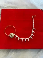 Gold-Plated Kundan Nath (Nose Ring) with Pearl Beads & Chain