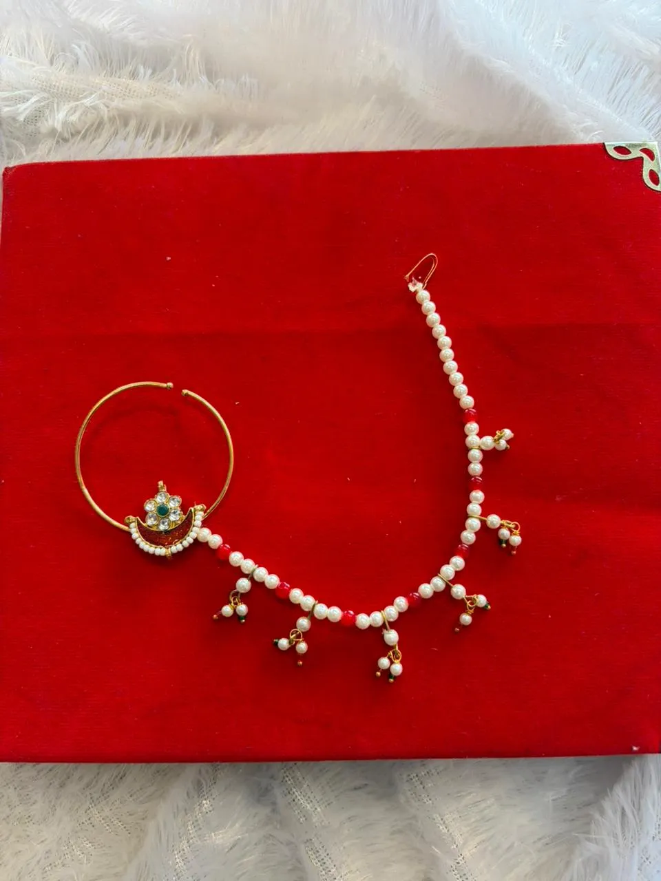 JB57.1 Gold-Plated Kundan Nath (Nose Ring) with Pearl Beads & Chain - Image 1