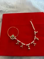 Gold-Plated Kundan Nath (Nose Ring) with Pearl Beads & Chain - Image 2