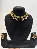 Traditional Gold-Plated Meenakari Lotus Necklace Set with Pearl Drops & Earrings