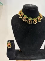 Traditional Gold-Plated Meenakari Lotus Necklace Set with Pearl Drops & Earrings - Image 2