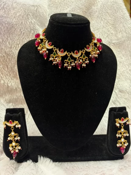 Half Moon/Chand Pink Green Necklace Set