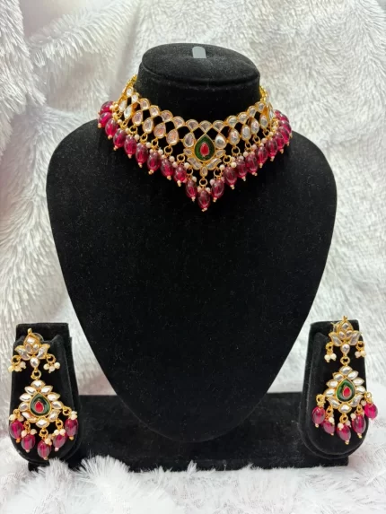 Royal Heavy Pink Green Kundan Necklace Set