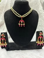 Elegant Double Layer Pearl Necklace with Kundan Chand Pendant