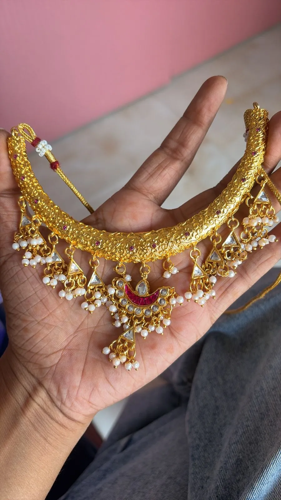 JB126.1 Trending Golden Hasli Set with Pink Stones - Image 1
