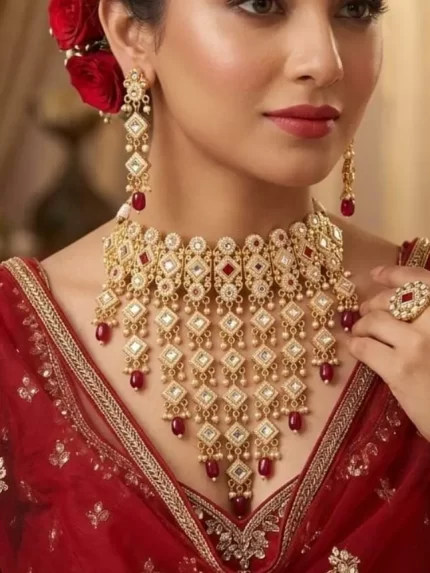 Pink Heavy Aad Set with Earrings