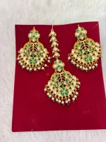 White Green Earrings with Maang Tikka Combo Set